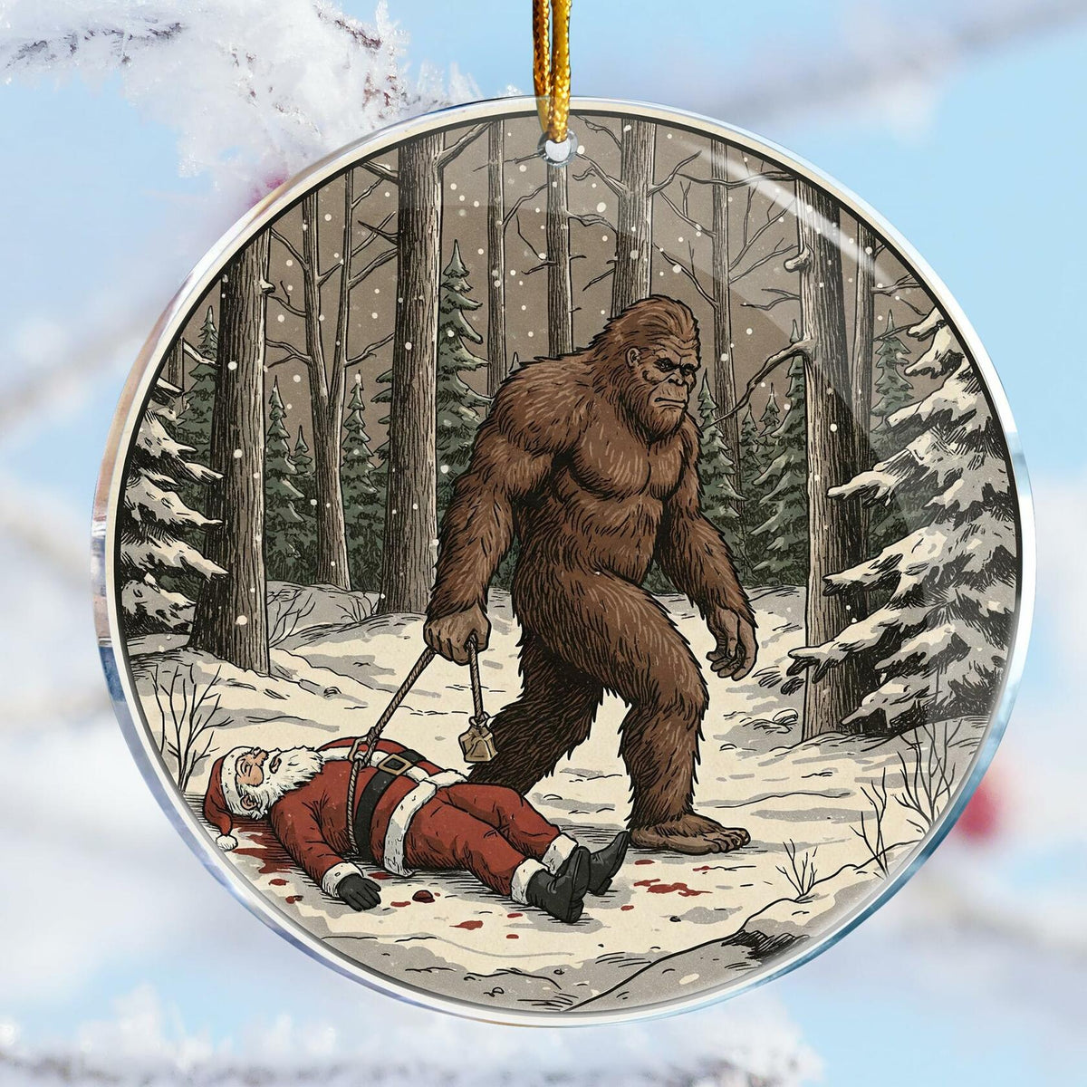 Bigfoot Killed Santa Funny Christmas Ornament